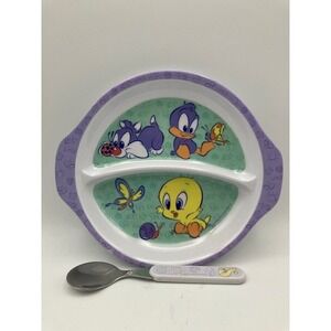 Baby Divided Plate & Spoon‎ Set Tweety Bird & Friends Hard Plastic 7"Diameter